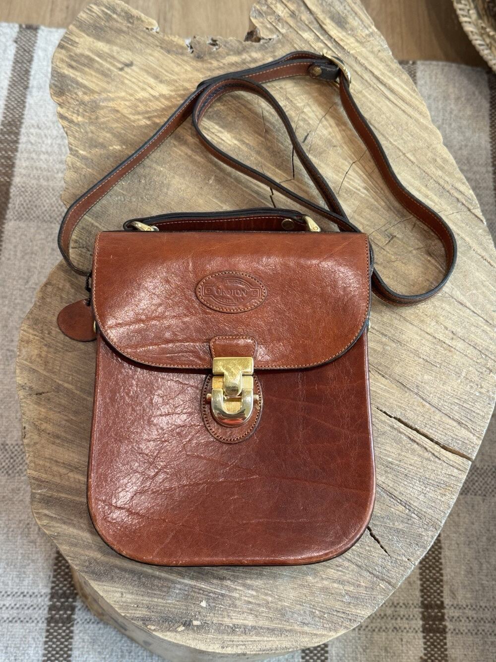 Vintage Oroton Australia Cowhide Leather Brown Crossbody Purse Push Lock Gold